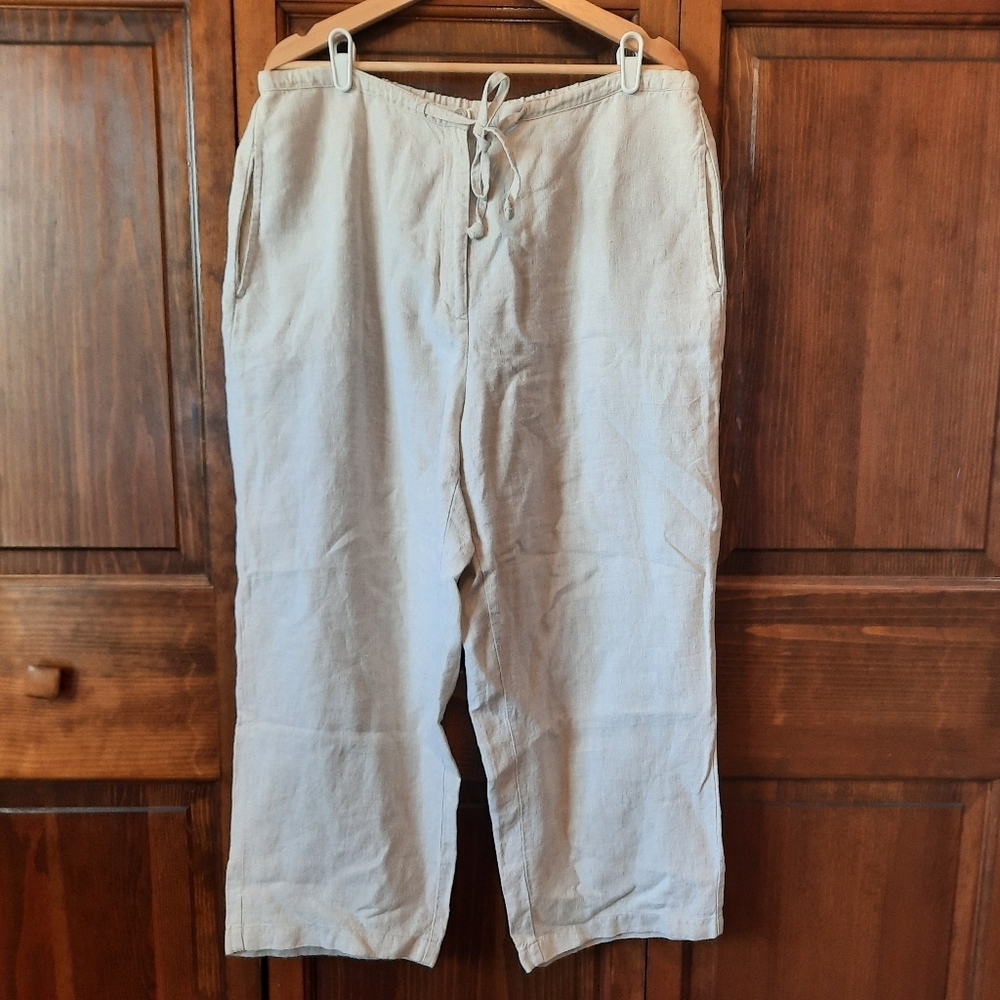 Vintage L.L. Bean 100% Linen Tan Oatmeal Wide Leg Tapered Trousers Size 18